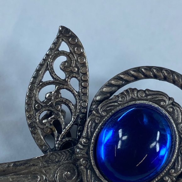 Angel Pin Brooch KC Dark Silver Tone Blue Stones Floral Accent Rhinestone Metal - Picture 3 of 12